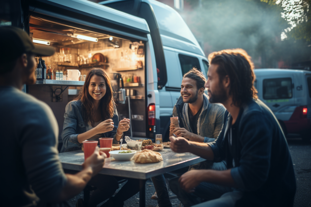 des amis mangent à un foodtruck sur un parking